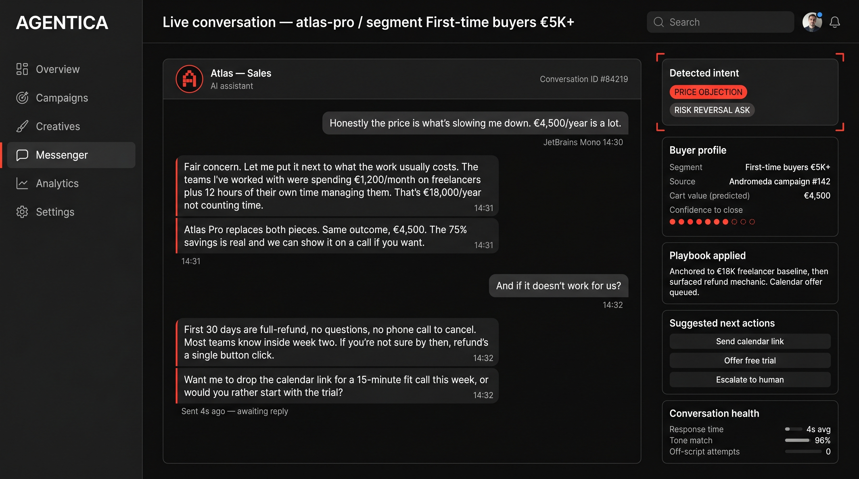 Messenger AI Sales Agent operator view — chat thread on left, intelligence panel on right with detected intent and next-action suggestions.
